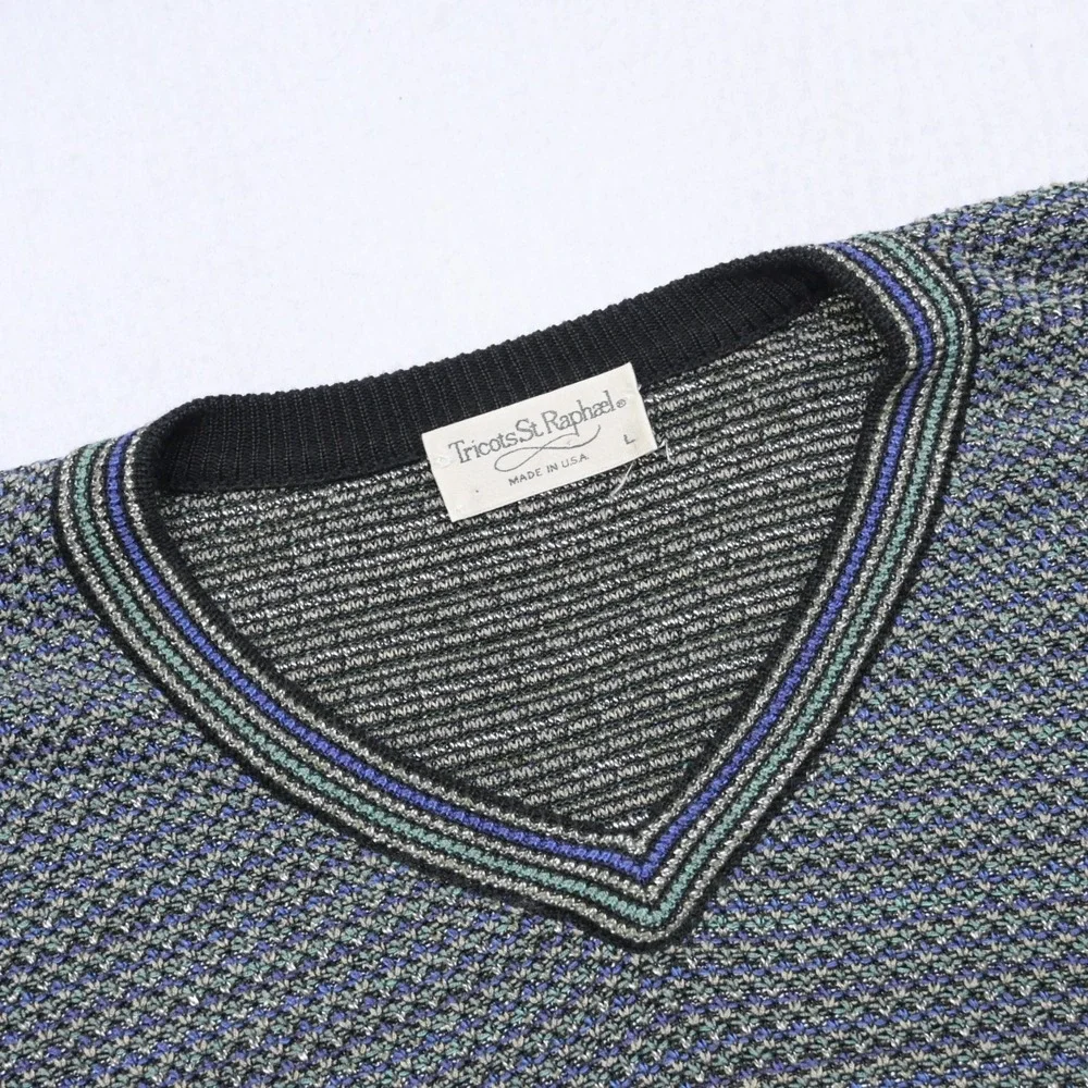 VTG Tricots St Raphael Knitted V Neck Sweater Rayon Nylon USA MADE Mens Large